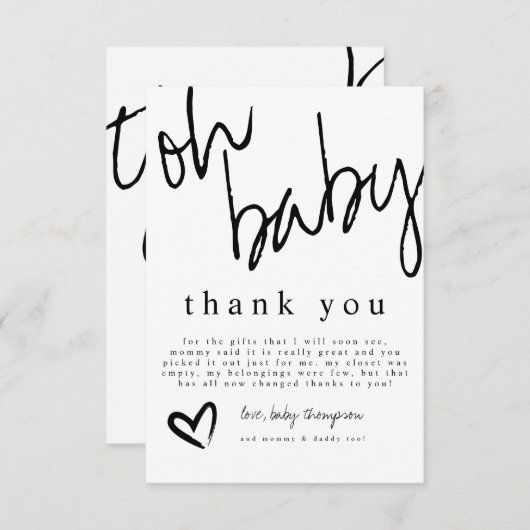 オモダンベビーブラック&ホワイトベビーシャワー サンキューカード (正面/裏面)