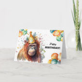 オランウタンバルーンとパーティーハットハッピーバースデー カード (正面)