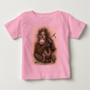 オランウータンの赤ちゃんと葉 ベビーTシャツ