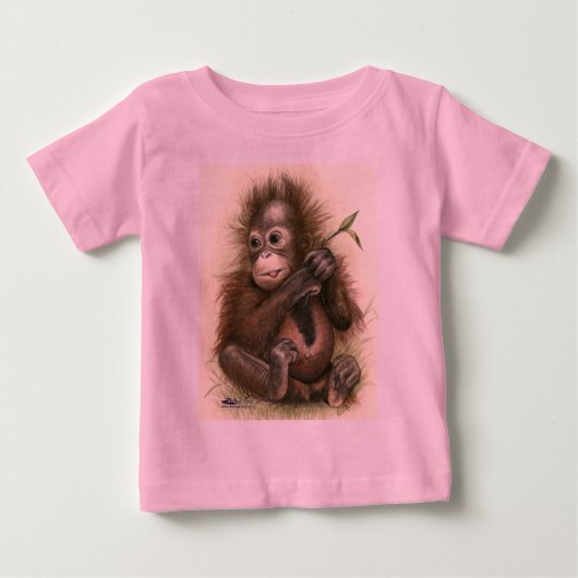 オランウータンの赤ちゃんと葉 ベビーTシャツ (正面)