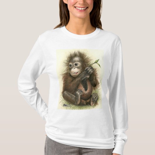 オランウータンの赤ちゃんと葉 Tシャツ (正面)