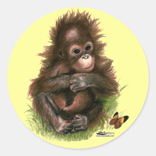 オランウータンの赤ちゃんと蝶 ラウンドシール (正面)