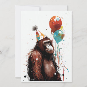 オランウータン誕生日パーティフラットグリーティングカード サンキューカード