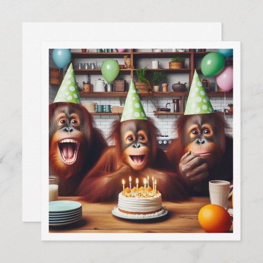 オラングタン祝ズのサル写真誕生日 招待状 (正面/裏面)