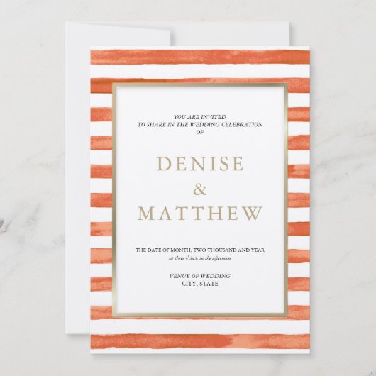 オランジェードウォーターストライプカラーレタリング&金ゴールド 招待状 (正面)