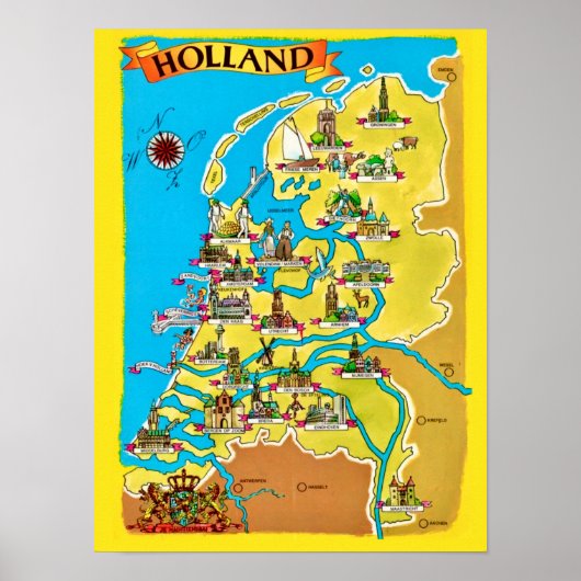 オランダのビンテージ地図はがきのプリント ポスター (正面)