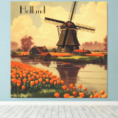オランダのヴィンテージ旅行のポスター、チューリップとミル キャンバスプリント (インサイチュ (ウッドフロア))