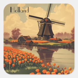 オランダのヴィンテージ旅行のポスター、チューリップとミル スクエアシール