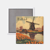 オランダのヴィンテージ旅行のポスター、チューリップとミル マグネット (正面/裏面)