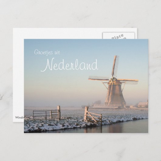 オランダの冬の日の出の風車のポストカード（オランダ語のテキスト付き） ポストカード (正面/裏面)