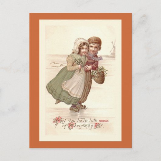 「オランダの子どもスケートで滑る」クリスマスポストカード シーズンポストカード (正面)