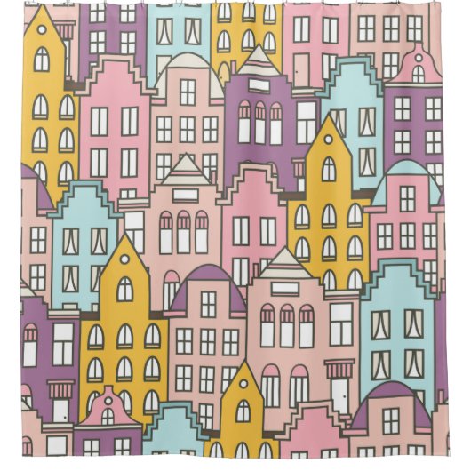 オランダの家は、手描きの継ぎ目のない模様を描きます シャワーカーテン (正面)