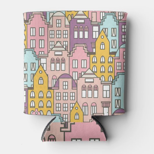 オランダの家、doodleシームレスなパターン。 缶クーラー (正面)