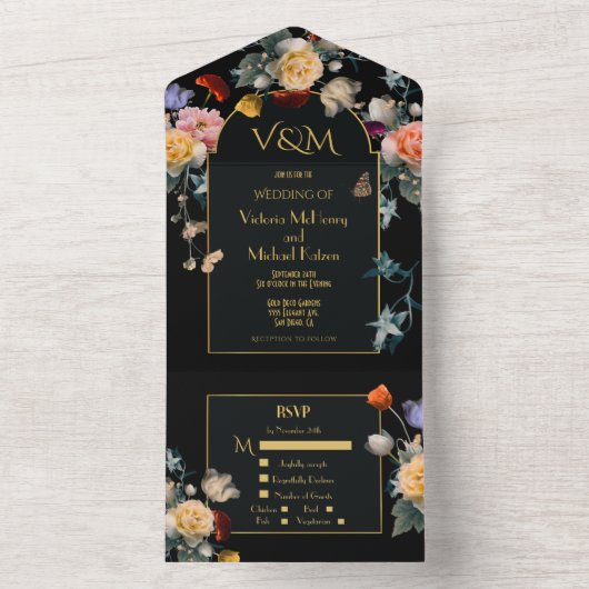 オランダの花をモチーフにしたダーク&ムーディな結婚式のイニシャル オールインワン招待状 (内側)