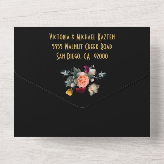 オランダの花をモチーフにしたダーク&ムーディな結婚式のイニシャル オールインワン招待状 (裏面)