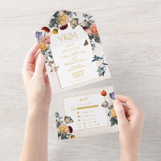 オランダの花をモチーフにした軽やかで上品な結婚式のイニシャル オールインワン招待状 (貼ってはがせる)