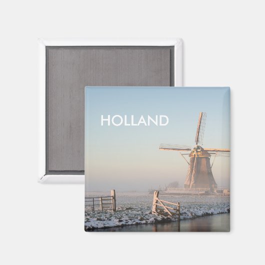 オランダの風車で日の出の正方形の文字磁石 マグネット (正面/裏面)