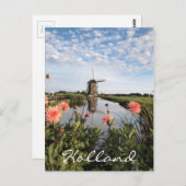 オランダの風車とピンクのダリアフラワー ポストカード (正面/裏面)