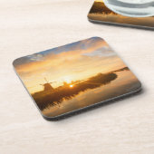 オランダの風車と川の上の日の出 コースター (左側)