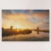 オランダの風車と川の上の日の出 ジグソーパズル (横)