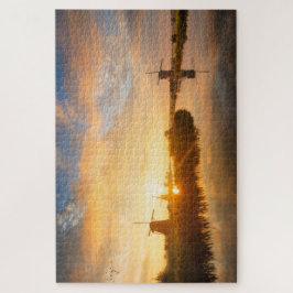 オランダの風車と川の上の日の出 ジグソーパズル