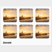 オランダの風車と川の上の日の出 スクエアシール (シート)