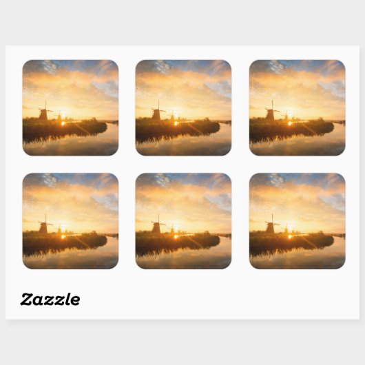 オランダの風車と川の上の日の出 スクエアシール (シート)