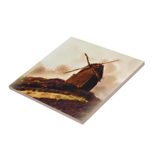 オランダの風車のセピア色の絵画 タイル (側面)