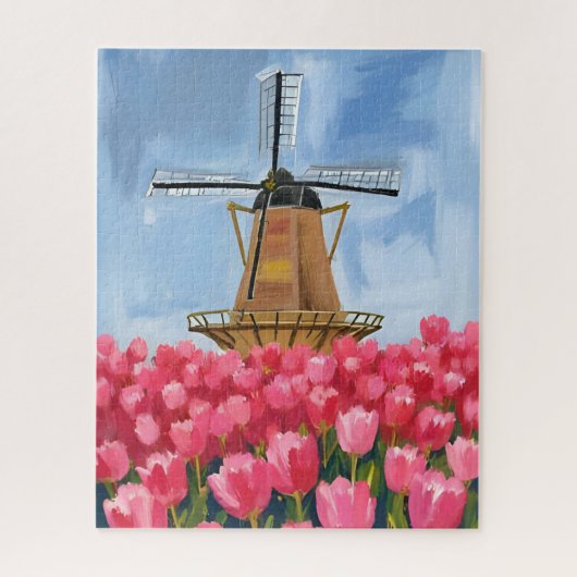 オランダの風車 | チューリップの花畑の水彩画 ジグソーパズル (縦)