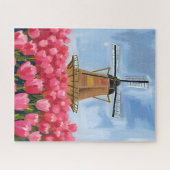 オランダの風車 | チューリップの花畑の水彩画 ジグソーパズル (横)
