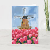 オランダの風車 チューリップの花畑 水彩画 カード (正面)