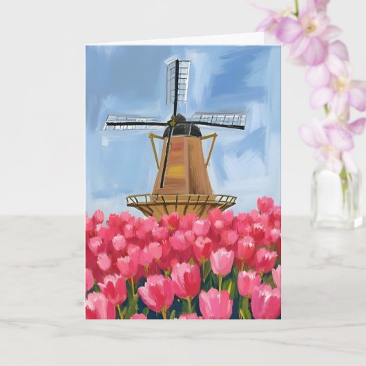 オランダの風車 チューリップの花畑 水彩画 カード (蘭)
