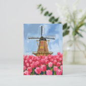 オランダの風車 チューリップの花畑 水彩画 ポストカード (スタンド正面)