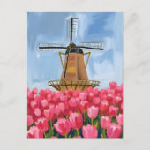 オランダの風車 チューリップの花畑 水彩画 ポストカード (正面)