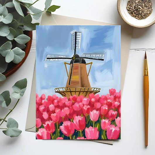 オランダの風車 チューリップの花畑 水彩画 ポストカード