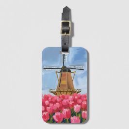 オランダの風車 チューリップの花畑 水彩画 ラゲッジタグ