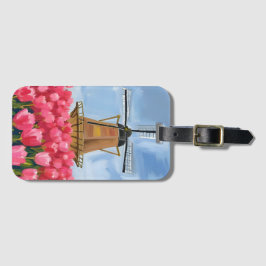 オランダの風車 チューリップの花畑 水彩画 ラゲッジタグ