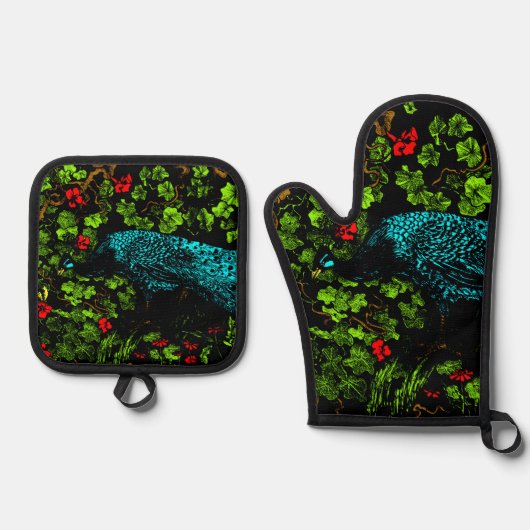 オランダアールヌーボーピーコックアンドバタフライ 鍋つかみ&鍋敷きセット (正面)