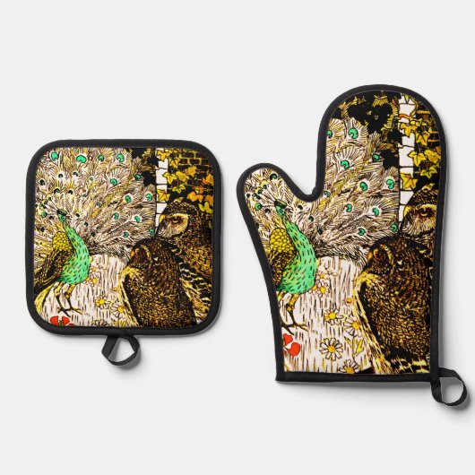 オランダアールヌーボーピーコックアンドフール 鍋つかみ&鍋敷きセット (正面)