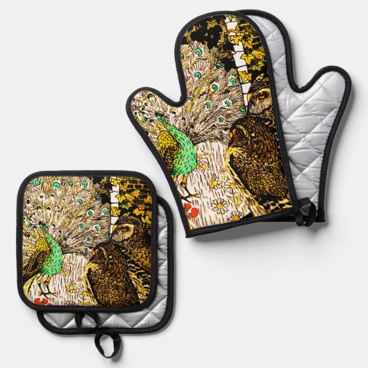 オランダアールヌーボーピーコックアンドフール 鍋つかみ&鍋敷きセット (正面/裏面)