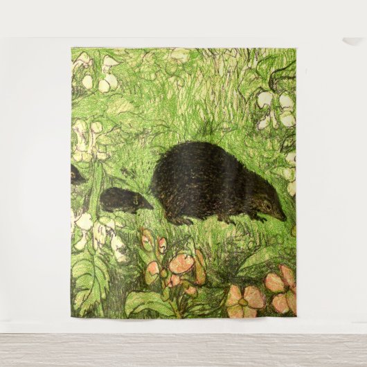 オランダアールヌーボーヘッジホッグとベビー タペストリー (正面)