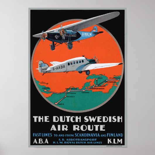 オランダスウェーデン航空路ヴィンテージポスター1930 ポスター (正面)