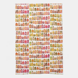 オランダハウズカラフルアムステルダムパターンレッドイエロー キッチンタオル