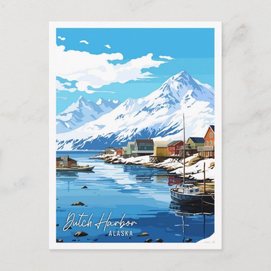 オランダハーバーアラスカヴィンテージ旅行イラストレーション ポストカード (正面)