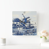 オランダブルーヴィンテージスタイル風車 スクエア壁時計 (ホーム)