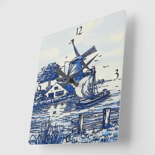オランダブルーヴィンテージスタイル風車 スクエア壁時計 (傾斜)