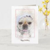 オランダレースフランスのの帽子の誕生日付きブルドッグ カード (黄色い花)