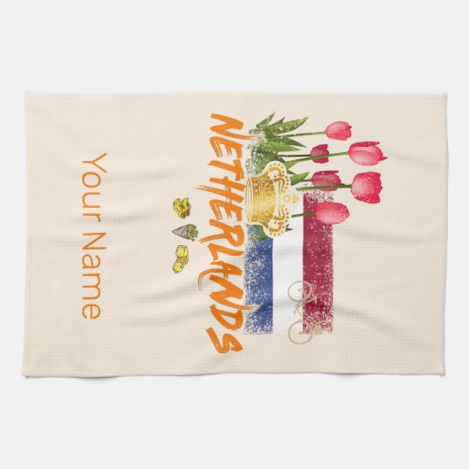 オランダヴィンテージオランダ国旗とオランダチューリップ キッチンタオル (横)