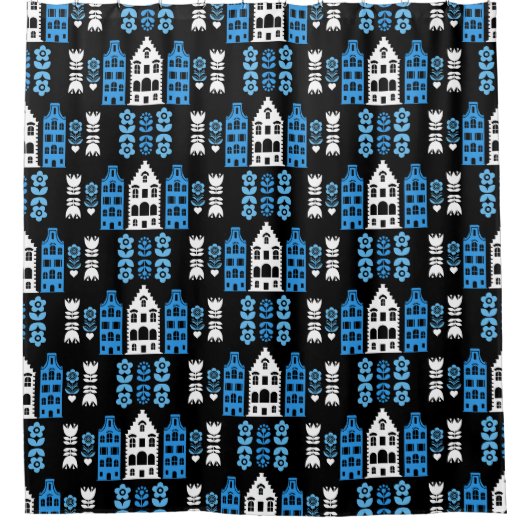 オランダ伝統的フォークアートプリント シャワーカーテン (正面)