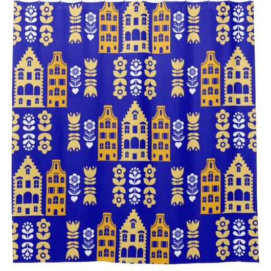 オランダ伝統的フォークアートプリント シャワーカーテン (正面)